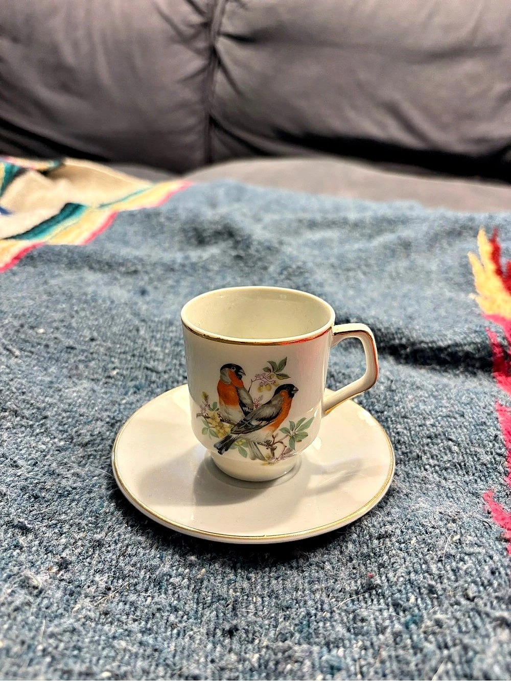 Bird Print Cup & Saucer in White & Blue